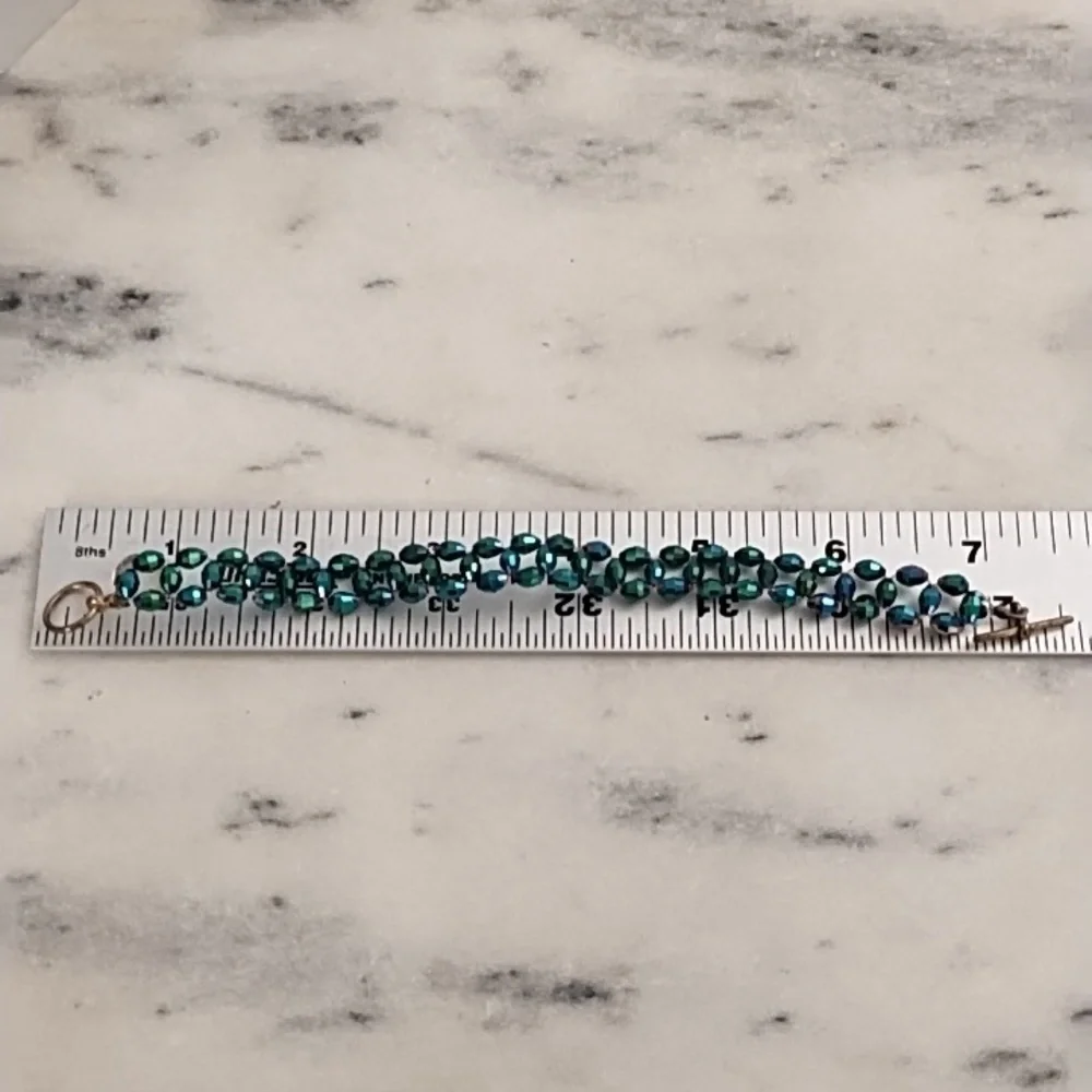 Vintage Brass Wire Woven Iridescent Green Faceted Beads Toggle Clasp